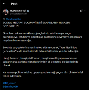 48 ilde yapılan operasyona ilişkin İçişleri Bakanı'nın yaptığı sosyal medya paylaşımı 